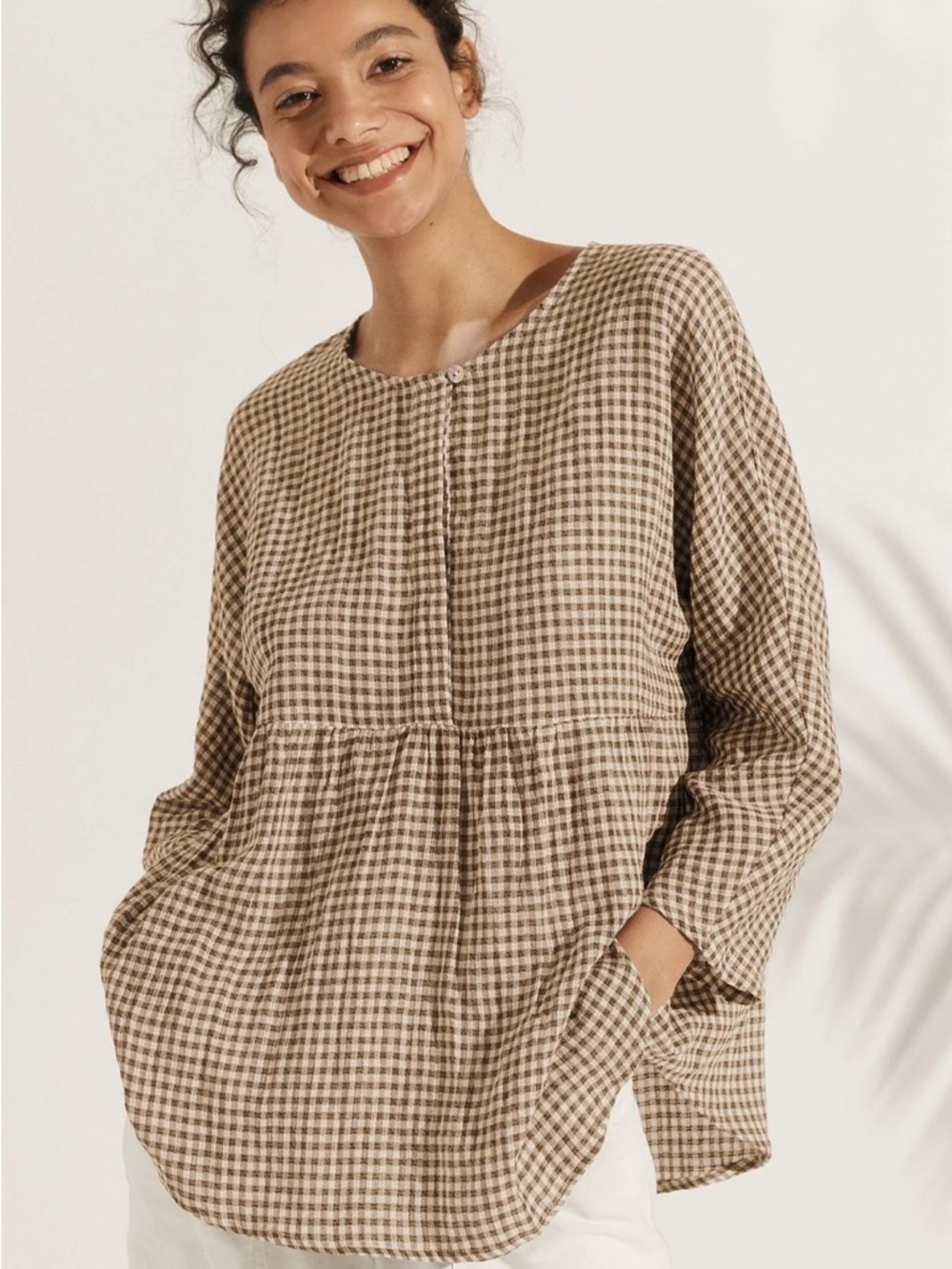 Women’s Lintico Gingham Checked Top Caroline Linen Lagenlook Coastal Boho XL NWT